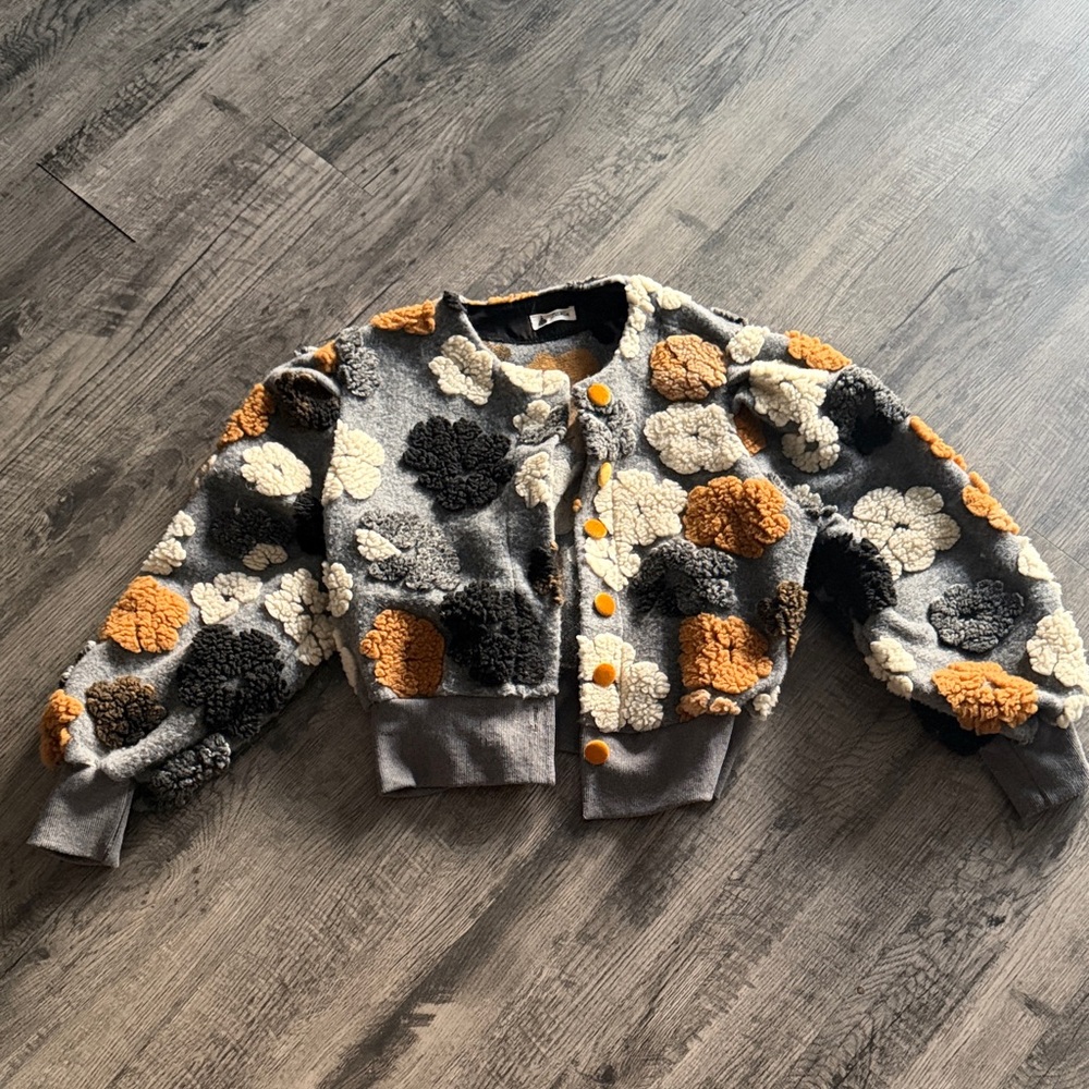 Floral Sherpa Cropped Jacket in Gray, Cream & Mustard